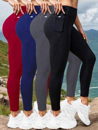 Set de 4 leggings deportivos para yoga con bolsillos y cintura alta que realzan el trasero, para mujer