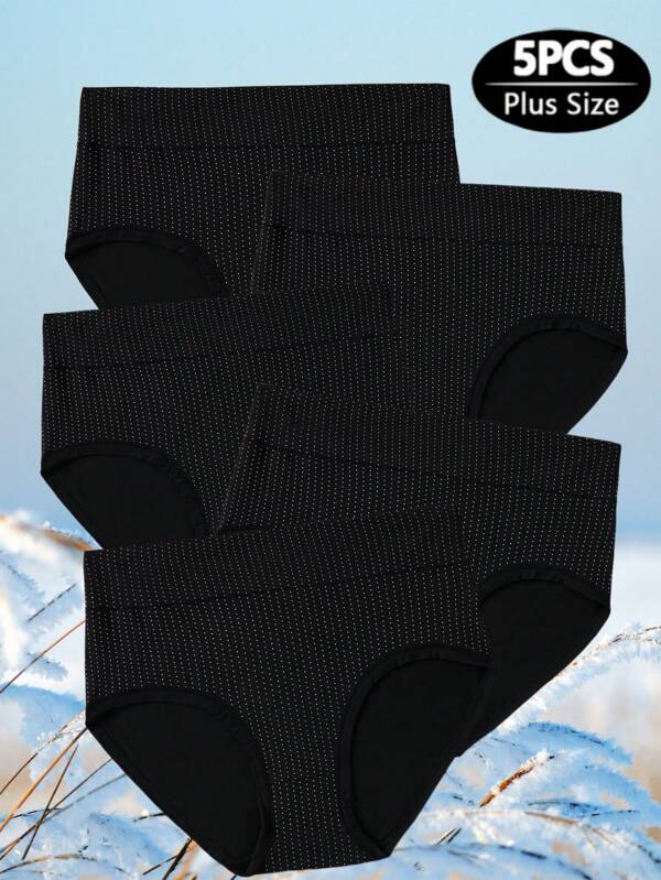 5pcs Plus Size Women High Waisted Breathable Panties With Small Polka Dot Print, Seamless, Comfortable - Casual Sporty Mature Charm - Elegant Casual - Regular Casual Mature Charm - Luxurious Romantic, Knitted Fabric, Suitable For Summer, Autumn, Spring, Winter