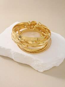 12/7pcs Women Metal Stackable Bracelet Set, Minimalist Elegant Heart & Geometric Pattern Bangles, Suitable For Daily Wear, Dates, And Music Festivals