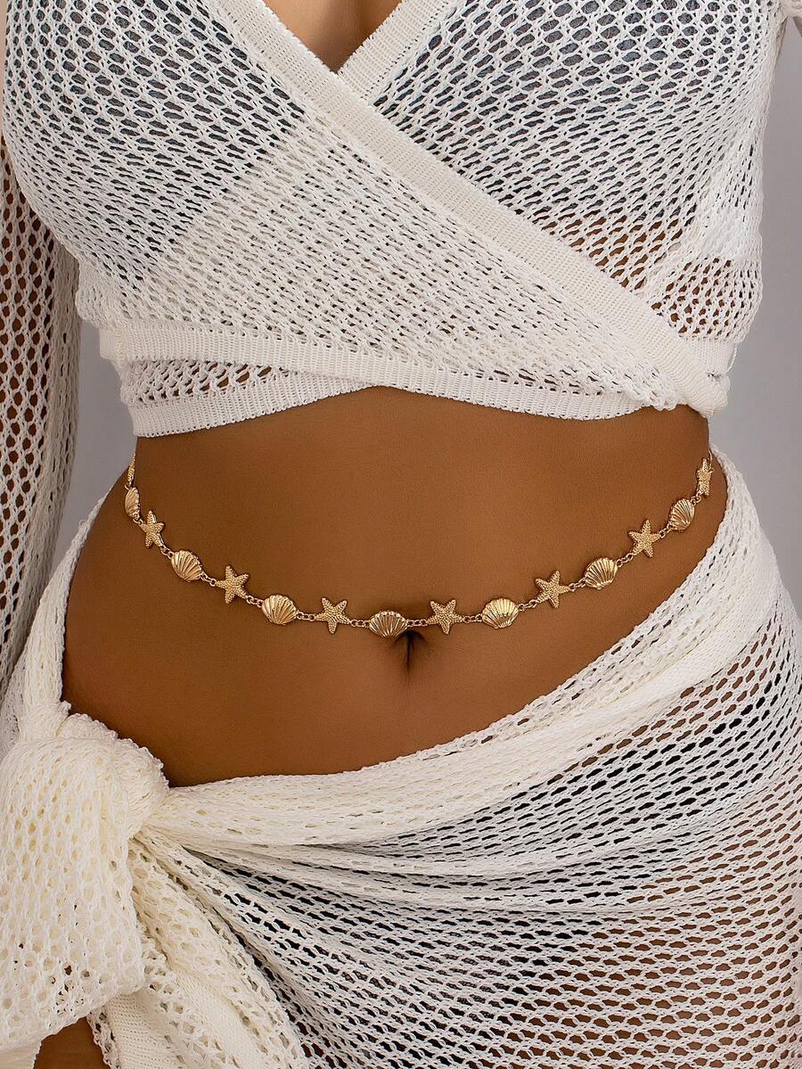 1 件镀金贝壳海星腰链，度假风格比基尼身体首饰配饰，海洋元素时尚性感腰饰