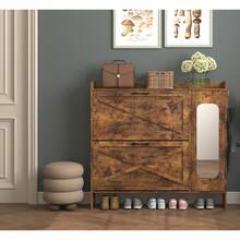 Shoe Storage Cabinet With 2 Flip Drawers, Freestanding Organizer With Metal Legs For Entryway, Narrow Shoe Rack Cabinet, Rustic Brown   WL