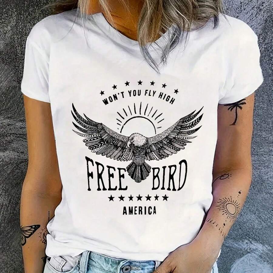 Women's Rock And Roll Free Bird Print T-Shirt  Short Sve Casual Top For Spring & Summer With Comfortable And Stylish Clothing - White - View 1