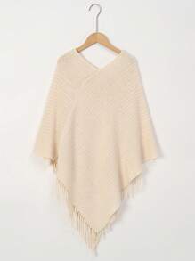 1pc Women's Solid Color Button Tassel Knit Poncho Shawl Cardigan, Warm & Stylish, Casual For Holiday And Daily Wear
