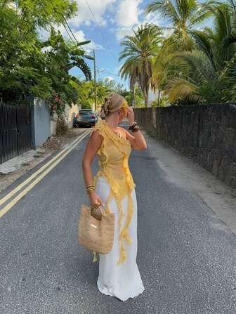 Women's Asymmetric Ruffled Asymmetrical Neck Yellow Top For Date Night,Boho Beach Vacation,Country Concert,Fall Women,Cute Tops,Fairycore,Winter For Women,Country Concert,Going Out Tops Women