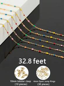 Corrente Dourada de 4,16/1,67/0,83/0,083 Metros para Rolo de Corrente de Contas de Esmalte Multicoloridas Soldadas em Aço Inoxidável. Corrente Multicolorida de Aço Inoxidável (1,67/4,16 Metros) com 10 Molas de Lagosta de Aço Inoxidável e 30 Argolas Abertas, Ideal para Joias DIY como Colares, Corrente de Cintura, Pulseira, Tornozelo e Mais, Uma Corrente Artesanal Muito Exclusiva Revestida a Ouro 18k!