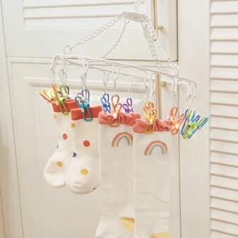 1pc Cute Stainless Steel Multi-Function Dopamine Clothes Hanger, Clothespin Drying Rack, Windproof Children Round Iron Clothes Rack For Home Use