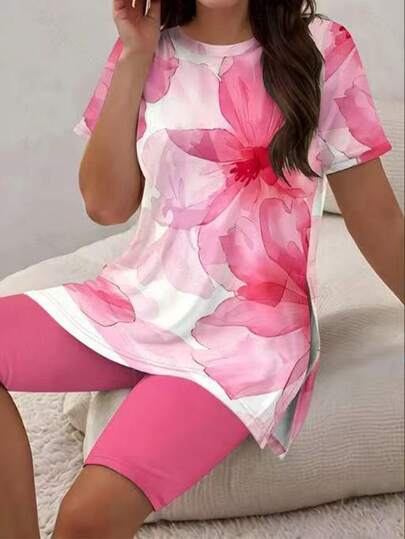 Ladies' Fashion Floral Print Round Neck Short-Sleeved Casual Hem Split T-Shirt Shorts Set
