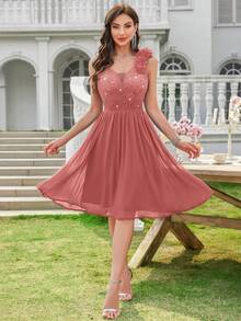 MIUSOL Deep V-Neck Sequin Floral Lace Sleeveless Ruffle Hem Chiffon Cocktail Party Swing Dress - Dusty Pink - View 10