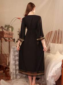 1pc Women's Sexy Silky, Heart Print Lace Patchwork Off-Shoulder Maxi Dress With Slit, Suitable For All Seasons