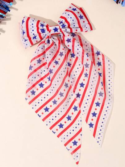 1pc 4th Of July Independence Day Big Bow Hair Clips,Tulle Stars And Stripes Hair Bows,Red White And Blue American Flag Hair Accessories For Girls Teens Festival Party Gifts