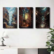 3pcs Modern Fantasy Library Books, Mythical Art, Wall Arts Canvas Posters, HD Printing Optional Frame, Living Room, Bedroom, Bathroom Home Decoration Hanging Paintings ,Wall Art With Frame - Multicolor - View 3