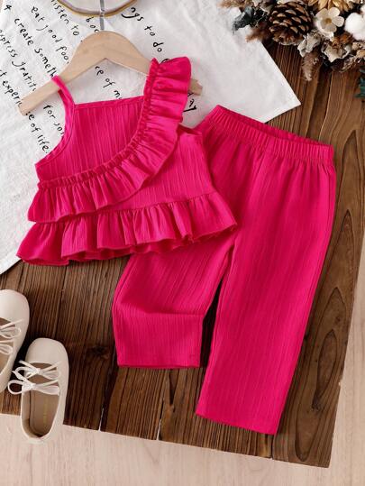 2pcs/Set Baby Girl Summer Lightweight Elegant Fuchsia Striped Sleeveless Ruffle Shoulder Vest Top & Elastic Waist Straight Pants Outfit