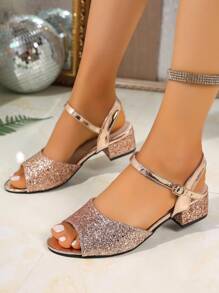 Elegant Chunky Heel Women's Sandals - Open Toe, Sequin Design, Fashion Summer Sandals, Women's High Heels, Chunky Heel Open Toe Sandals