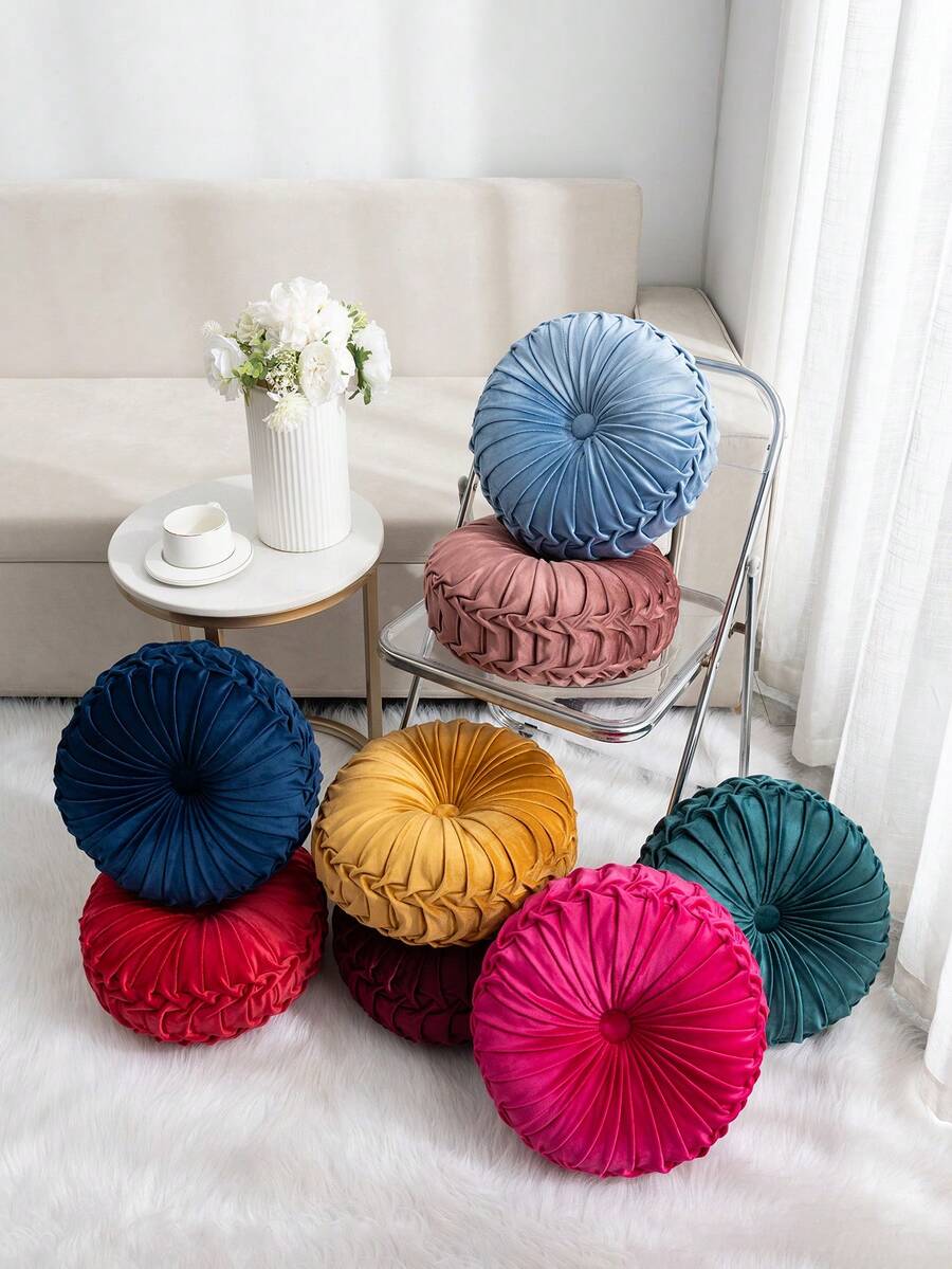 1pc Round Pleated Pumpkin Throw Pillows,Classy Accent Pumpkin Cushion With Center Button,Soft Velvet Pillow For Sofa,Living Room,Luxury Room Decor With Center Button,For Home Decoration,Sofa,Couch,And Chair Bed Decoration - Multicolor - View 1