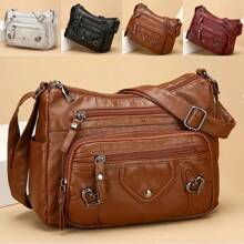[Bolso bandolera ligero con cremallera] Elegante bolso bandolera de mujer con múltiples bolsillos, bolso de hombro de piel sintética, de unicolor ligero con correa ajustable, cierre con cremallera, forro de poliéster, bordes pintados, para uso diario y ocasiones - disponible en negro, gris, rojo, marrón claro