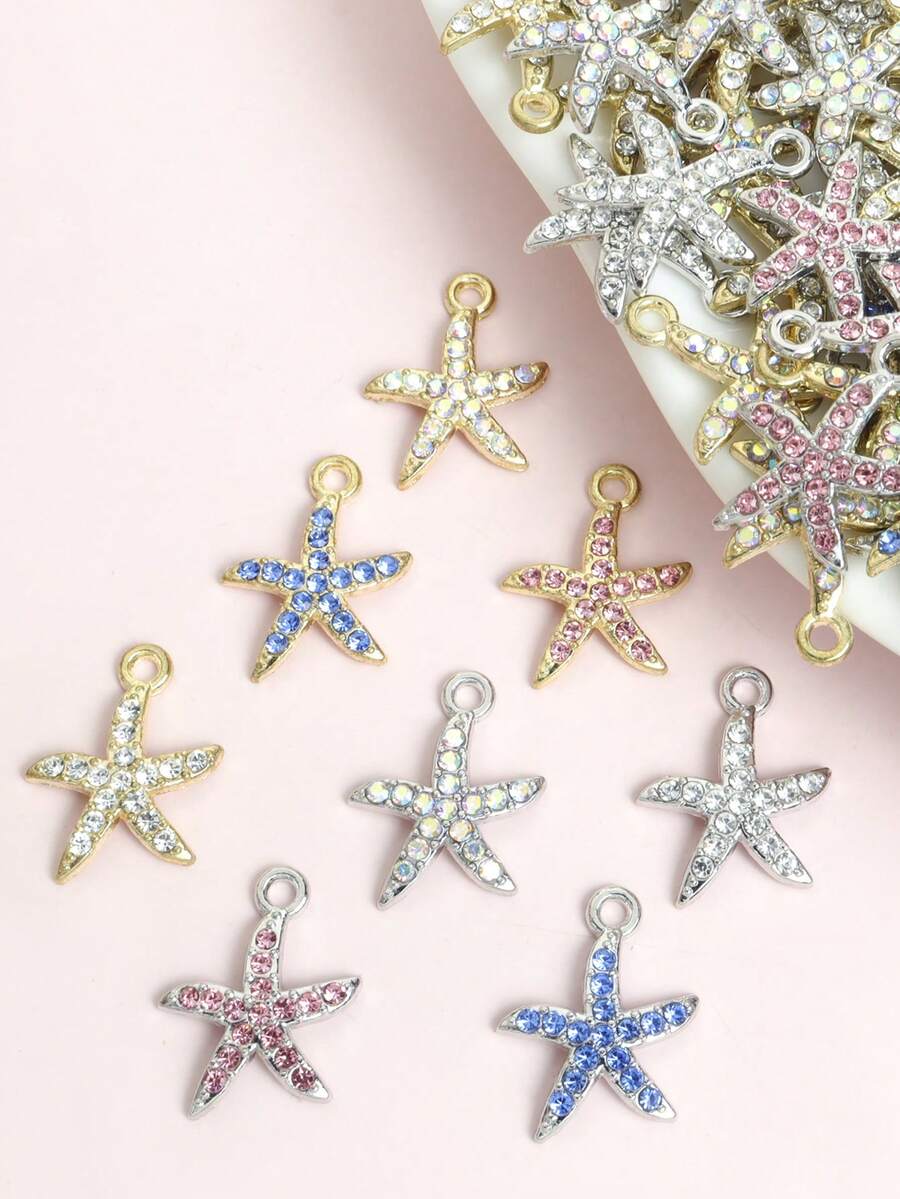 10pcs/Set Fashionable Multi-Color Crystal Studded Starfish/Fish Tail Pendant, Summer Beach Casual Vacation Necklace, Bracelet, Anklet, Earrings And Travel Souvenir DIY Marine Life Inspired Alloy Pendant - Perfect For Ocean Themed Decor
