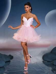 Anymoon Floral Decor Layered Hem Cute Pink Party Dress, Suitable For Music Festival, Graduation Ceremony, Back To School, Party, Cocktail, Prom Dress - Pink - View 5