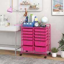 12 Drawers Rolling Cart Storage Mutlicolor Scrapbook Paper Studio Organizer Bins - Hot Pink - View 1