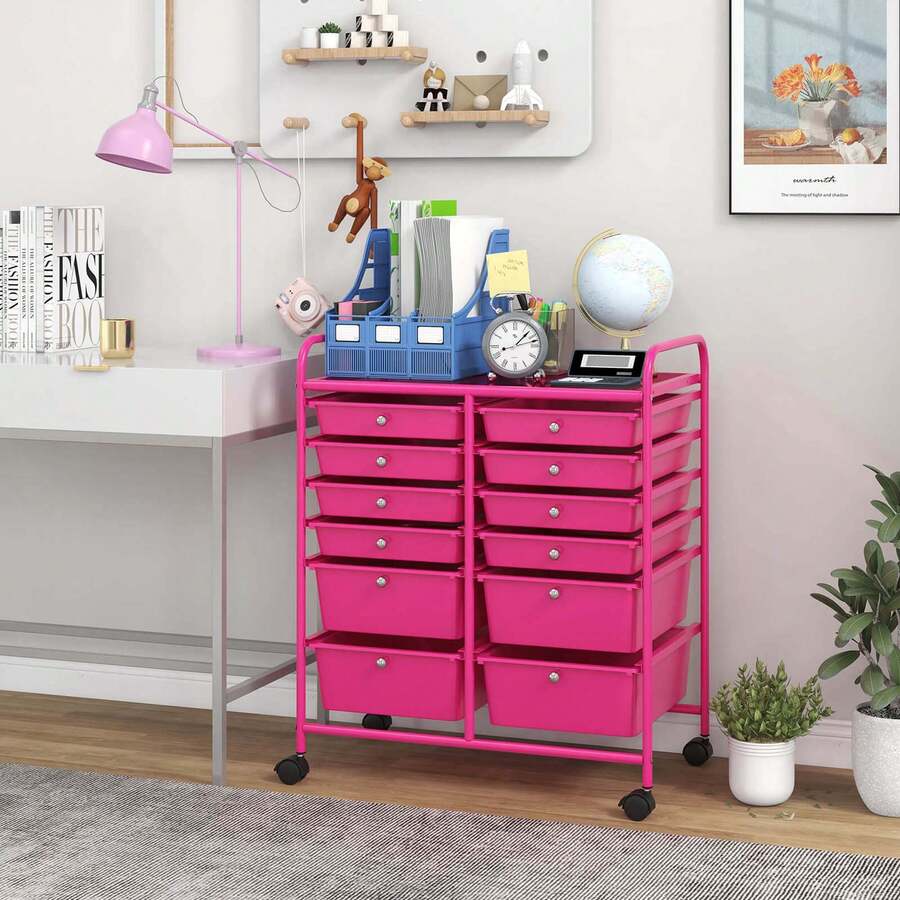 12 Drawers Rolling Cart Storage Mutlicolor Scrapbook Paper Studio Organizer Bins - Hot Pink - View 1