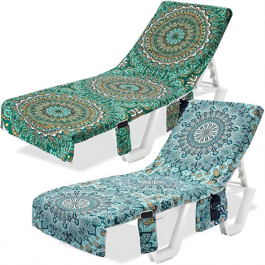 2 Piezas Toalla para Silla Chaise Longue con 3 Bolsillos, 85 X 30 Pulgadas Toallas para Sillas de Playa y Piscina de Microfibra, Fundas para Tumbona de Exterior para Tomar el Sol en Verano, Piscina, Jardín (Tie Dye) - Mandala - Ver 1