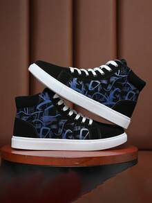 Los hombres de la moda personalizada vamp patrón de punta redonda de encaje hasta zapatos de lona de alta parte superior, tenis para hombre, pisos transpirables casuales y confortables, botas altas de los hombres, adecuados para el otoño y el invierno de excursión, viajes, desplazamientos diarios, danza de la calle, citas, caminar, ir de compras y el uso diario. - azul oscuro - Ver 2