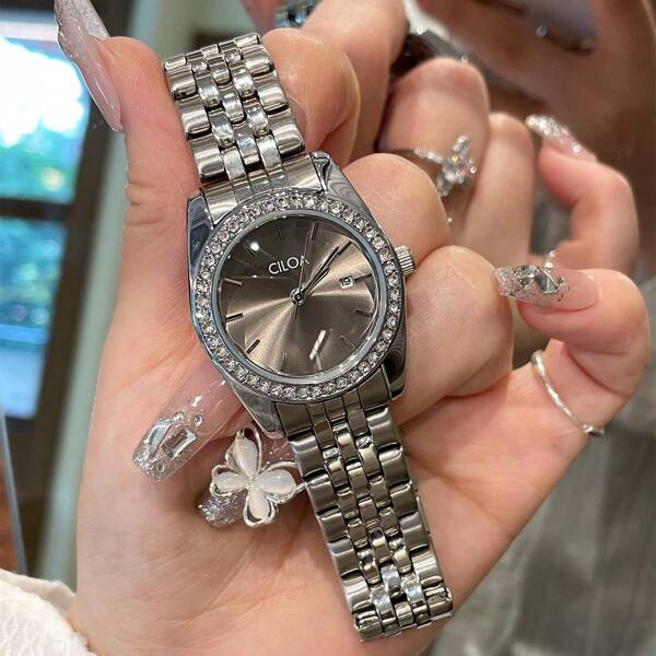 1pc CILOA Fashionable High-End Genuine Diamond Decorated Calendar Waterproof Quartz Women Watch, For Daily Wear