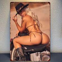 1 件复古“性感女人骑摩托车”锡制标牌 - 30x20 厘米复古金属墙面艺术，适用于车库/房间/农场装饰无框印刷 - 经典风格，做旧外观，房间墙面艺术 | 耐用铁牌匾，金属墙面装饰，随机孔设计，非常适合房间装饰 - 彩色 - 查看 5