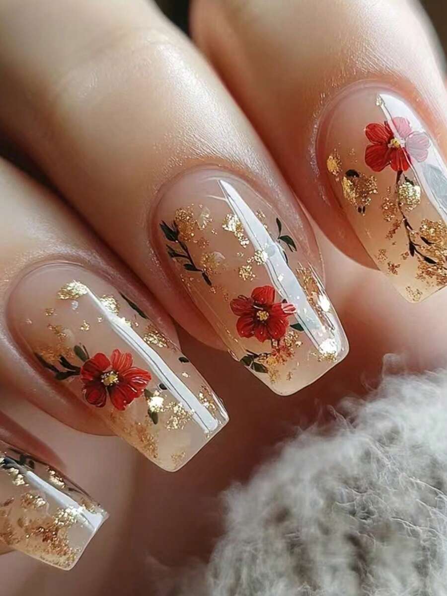 24片短款亮面芭蕾红线美甲贴纸，粉色，法式风格，可重复使用，带有花朵和金色叶子图案，女士和女孩美甲用品 - 淺粉色 - 查看 1