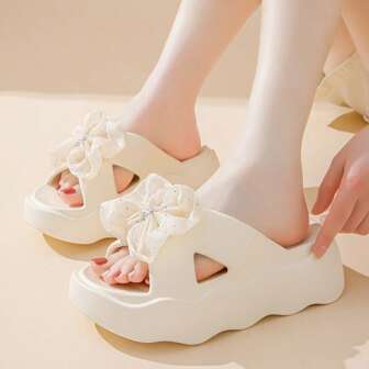 High Quality Women's Thick Bottom Slippers, Korean Style Fashion Bowknot Slide Sandals For Outdoor Wear, Anti-Slip & Increase Height, Versatile