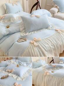 2/3 Peças Conjunto Capa de Edredom com Babado de Laço de Chiffon (1 Capa de Edredom, 1/2 Fronhas), Conjunto de Roupa de Cama com Laço 3D de Poliéster Francês, Premium Macio & Confortável, Uso Anual, Lavável em Máquina, Com Laços nos Cantos, Adequado para Quarto, Casa e Hotel