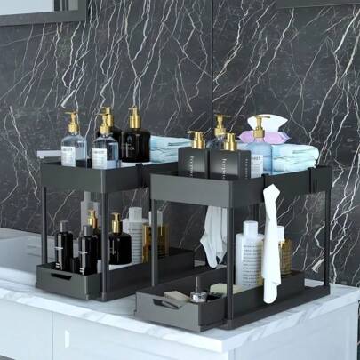 1PC Multifunctional 2-Layer Independent Storage Rack With Hooks - , Polished Surface, Suitable For Organizing Kitchen, Bathroom Bedroom, And Office,Graduation Gift Recommendations