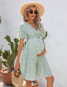 Women's Maternity Pleated Short Sleeve Wrap V Neck Summer Midi Dress Casual Nursing Dress Baby Shower Photoshoot Belt - 淺綠碎花 - 查看 6
