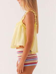 Women Y2k Ruffle Hem Crop Tank Tops Sleeveless Spaghetti Strap Flowy Camisoles Sexy V Neck Babydoll Tops Cute Going Out Cami Shirt - 黃色 - 查看 4