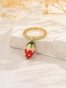 1 pieza Anillo abierto con colgante de frutas multiefecto de cobre con circonita cúbica, anillo sencillo de mujer, versátil para uso diario, trayecto, casual, regalo de vacaciones