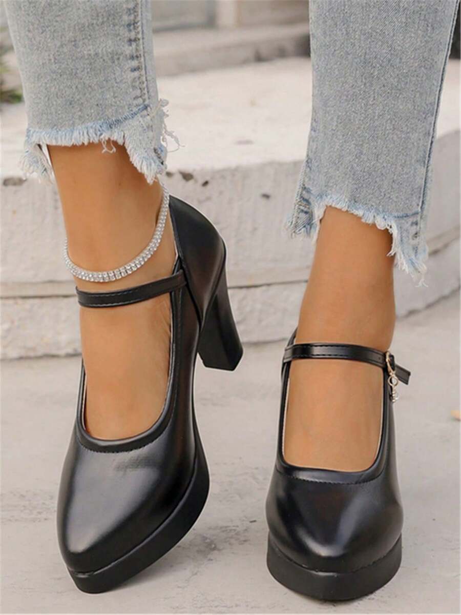 Tacones altos de punta con slip-on de talla grande, estilo británico, tacón grueso, con correa, zapatos de moda versátiles para mujer, primavera y otoño - Negro - Ver 1