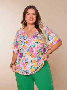Fruit Print V-Neck Batwing Sleeve Casual Vacation Short Sleeve Tops, Lightweight Plus Size Women Summer Clothing