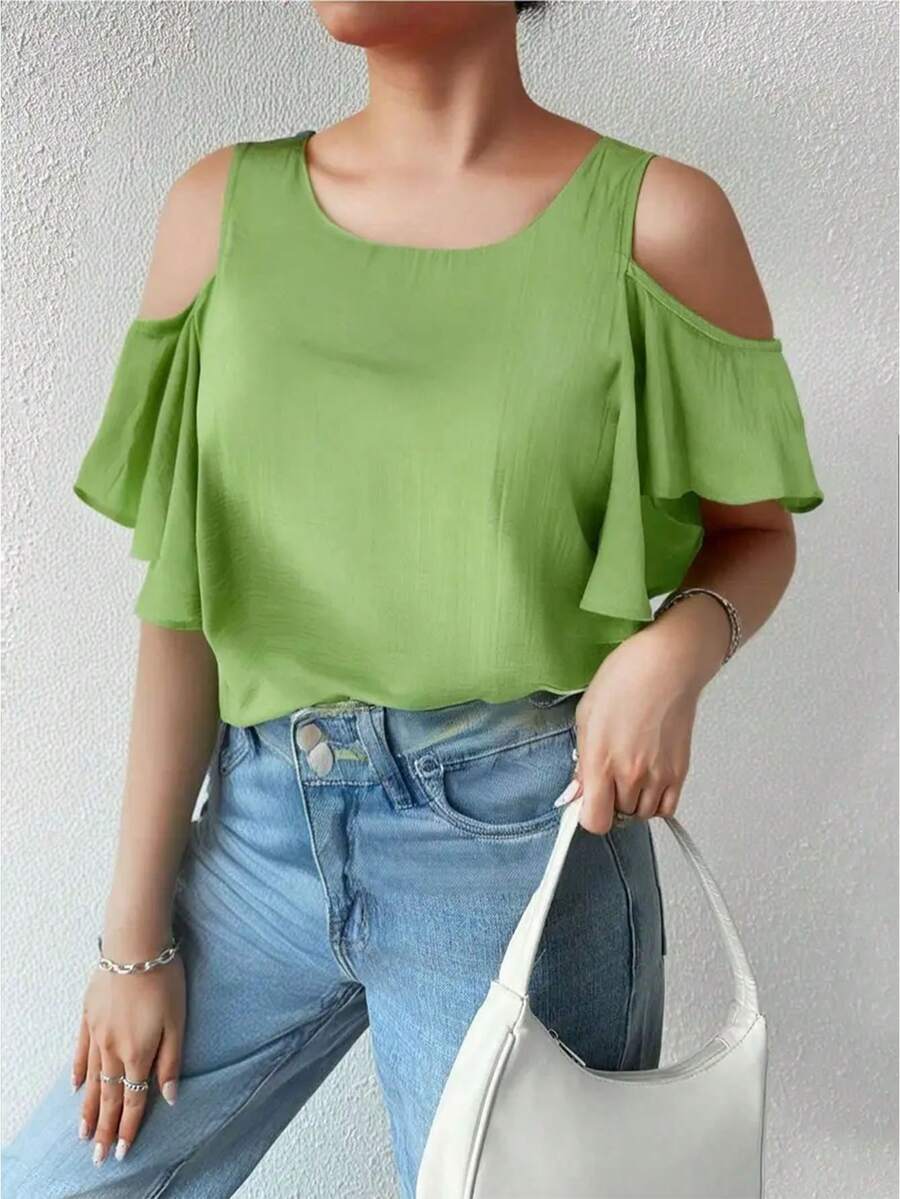 Blusa ribete con fruncido de hombros descubiertos - Verde - Ver 1