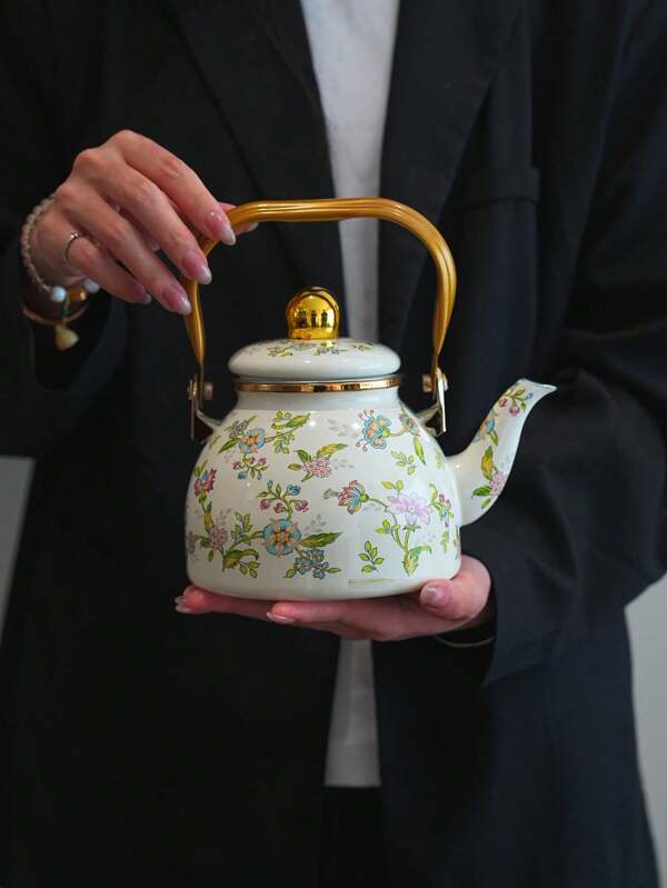 1pc Elegant Enamel Floral Designed Teapot, With Filter, Multi-Function Enamel Pot, Aesthetically And Cost-Effective, Suitable For Afternoon Tea, Coffee & Relaxation, Gold-Plated Rim, Teapot, Coffee Pot, Milk Tea Pot, Home Decor, Multi-Use Enamel Pot, Suitable For Gas/Induction Stove