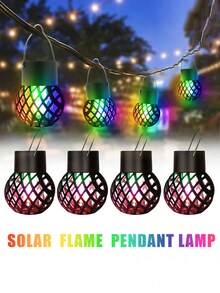 4 件装 LED 户外火焰效果吊灯防水花园装饰灯太阳能仙女灯适用于露台花园庭院 - 彩色 - 查看 4