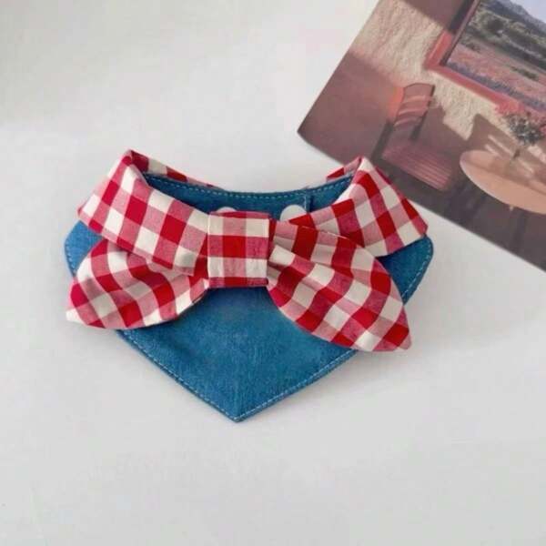 Fashionable INS-Style Colorblock Denim Bow-Tie Pet Bib Scarf, Essential For Adorable Pets