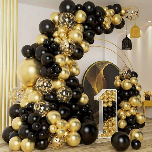 125pcs Black And Gold Balloon Set - Elegant Arch & Column Decor Set For Weddings, Birthdays, Valentines | Versatile Indoor/Outdoor Party Decoration With Confetti Balloons, For Photo Backdrops & Celebrations