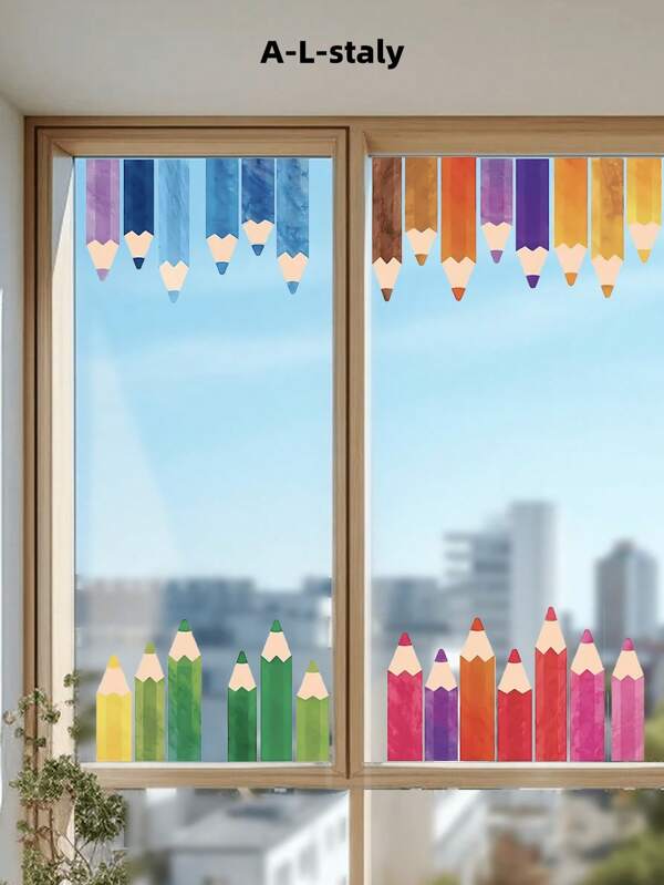 1-9 piezas Adhesivo de pared decorativo de lápices divertidos y coloridos, pegatina autoadhesiva impermeable de PVC durable, para decoración del hogar, dormitorio, sala de estar, escuela, sala de estudio, aula, jardín de infantes, guardería, habitación de niños, decoración de pared, decoración de ventanas