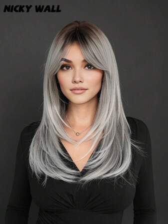 NICKY WALL 24 英寸渐变灰白长直分层假发，适合女士，自然假发，带窗帘刘海，深色发根，高密度耐热合成纤维假发，适合女孩派对使用