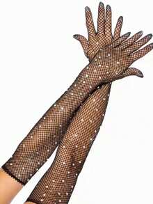 Guantes de red de pesca para adultos con rhinestones, guantes sin dedos cortos/medianos de colores elásticos para novias, fiestas y eventos, verano, viajes, festivales - Diamante largo y caliente - Ver 5
