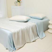 4pcs Bedding Set (1pc Duvet Cover + 1pc Flat Sheet + 2pcs Pillowcases, Without Filler), High-End Silky Satin Smooth Icy Silk Duvet Cover, White/Pastel Blue Minimalist Patchwork, Soft Breathable Wrinkle-Free, Can Be Slept On Directly, Luxury Hotel Style, Children's Dorm, Home Bedroom, Suitable For Spring And Summer