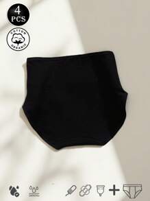 4 peças/pacote Calcinha Fisiológica de Cintura Alta para Mulheres, Calcinha Higiênica Preta com Entreperna Extra Longa para Período Menstrual, Cor Sólida, Elástica Tamanhos Grandes XS-XXL
