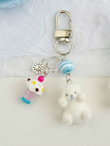 1 件女士植绒卡通泰迪熊钥匙扣，带冰淇淋球吊坠装饰，可爱耳机线包钥匙圈配件汽车配件包饰背包适合学校