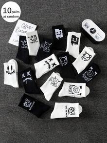 10雙隨機款式黑白色女士創意塗鴉有趣中筒襪,適合日常穿著