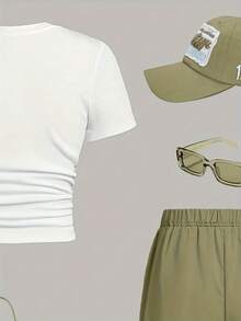 青少年套装，优雅修身字母印花 T 恤和绿色工作服长裤两件套西装适合日常穿着。 - 彩色 - 查看 4