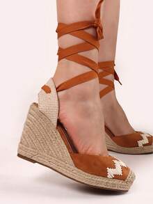 ESPADRILLES A ZEPPA IN CAMOSCIO SINTETICO TACCO ALTO 10.5CM  E PLATEAU 3CM TOMAIA RICAMO A ZIG ZAG - Camel - View 2